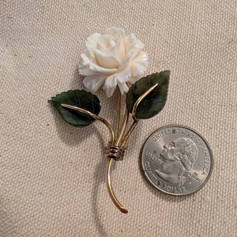 Vintage Carl-Art 12K Gold Filled Carved White Rose Nephrite Jade Leaf Brooch Pin
